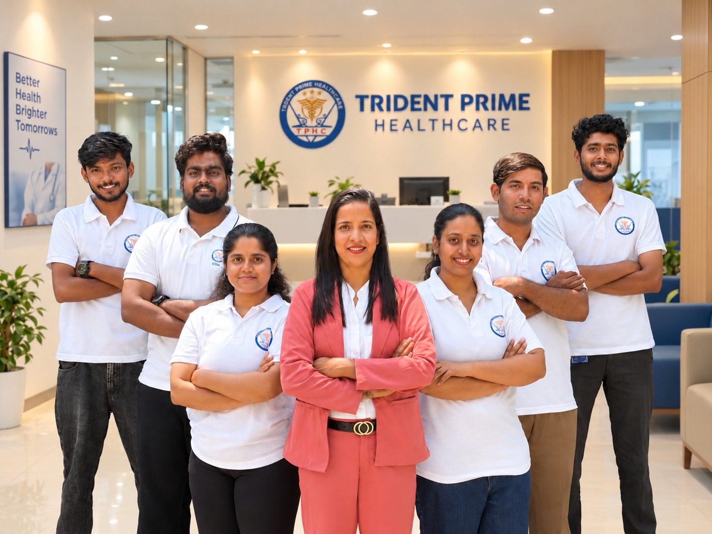 Dr. Rajasree K and the Trident Prime Healthcare physiotherapy team at the clinic reception